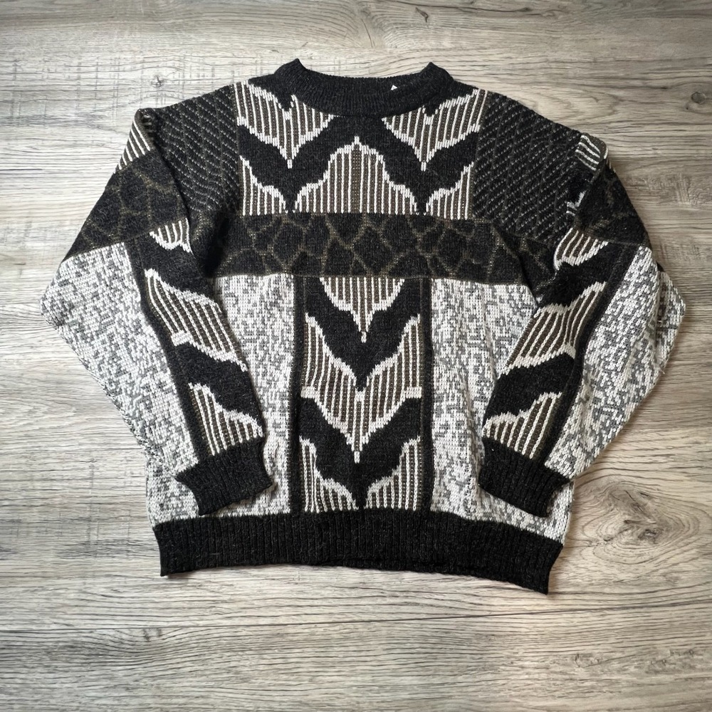 Adam‎ Sloane Sweater Mens Medium Black Grey Geometric Vintage 90s Knit Pullover
